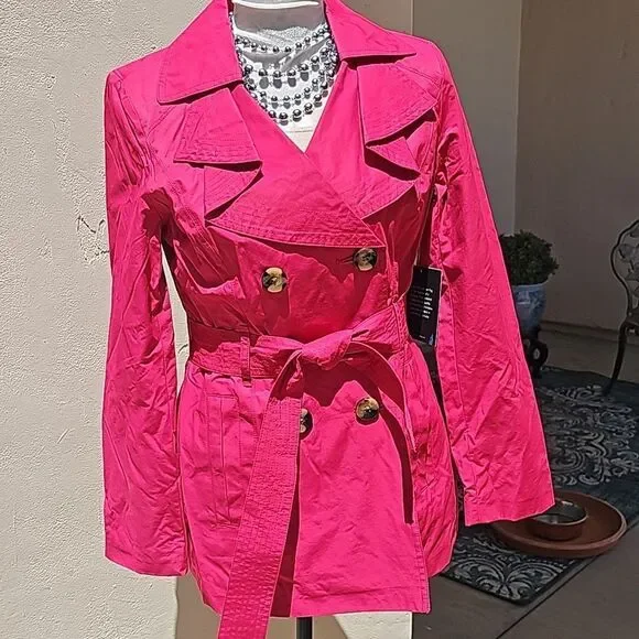 London Fog raspberry mid length trench coat size small - Picture 2 of 14